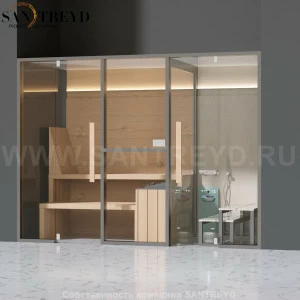 Effegibi MIDFILO LO71010004 Комбинированная баня: хаммам - душ и сауна. Установка: в нишу. Мощность: 11 кВт макс. Размеры: длина 300 см, ширина 137 см. Отделка: канадский хемлок, матовый лакированный серый аллюминий и бежевый ламинат из керамогранита.