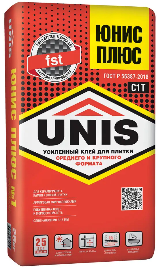 Unis Плюс - усиленный плиточный клей с армированием для сложных работ 12026910
