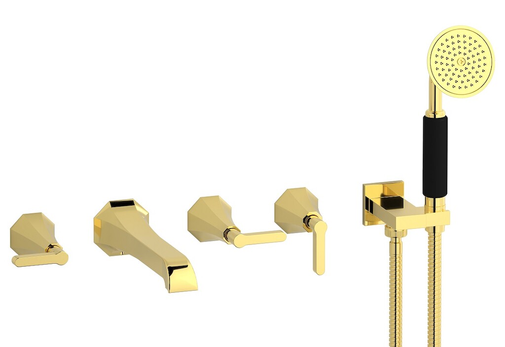 Настенный смеситель для ванной на 5 отверстий с дивертером и душевым гарнитуром. WE ARE IB bl398oo Gold Belmondo 