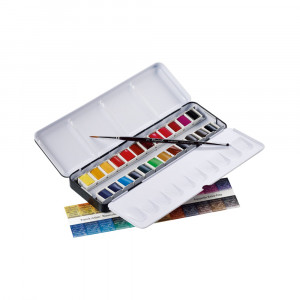 131606 Краска акварель Набор акварели Artists в полукюветах, 24 цвета, 1 кисть, металл Sennelier