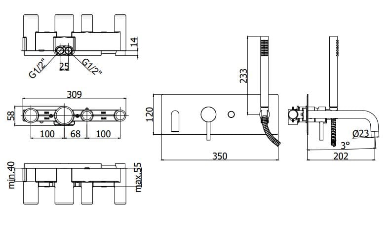 Настенный смеситель для ванны с 4 отверстиями и ручным душем RUBINETTERIA PAFFONI Light ARCH-00042184 - Вид №4