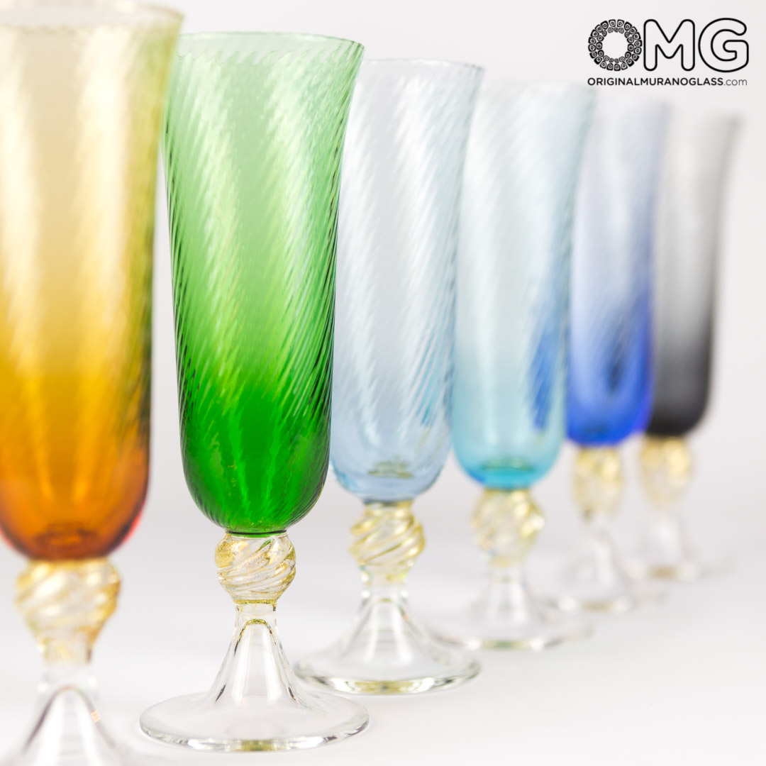931 ORIGINALMURANOGLASS Набор из 6 разноцветных бокалов-флюте для шампанского - муранское стекло OMG 7 см  - Вид №1