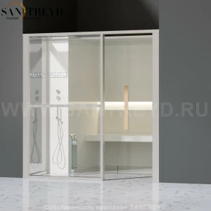 Effegibi LOGICAFILO H LO31020010 Хаммам. Установка: в нишу. Левая дверь. Мощность: 4,5 кВт макс. Размеры: длина 214 см, ширина 250 см. Отделка: матовый лакированный белый аллюминий и серый ламинат из керамогранита.