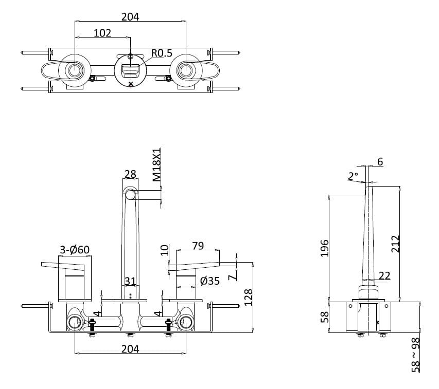 Настенный смеситель для раковины с 3 отверстиями CROSSWATER Lasso ARCH-00125803 - Вид №3