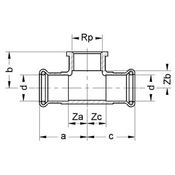 1111304212 SANHA 11130G пресс-фитинг газ, бронза, тройник ВПр-ВР-ВПр 42x1/2x42 мм  - Вид №1