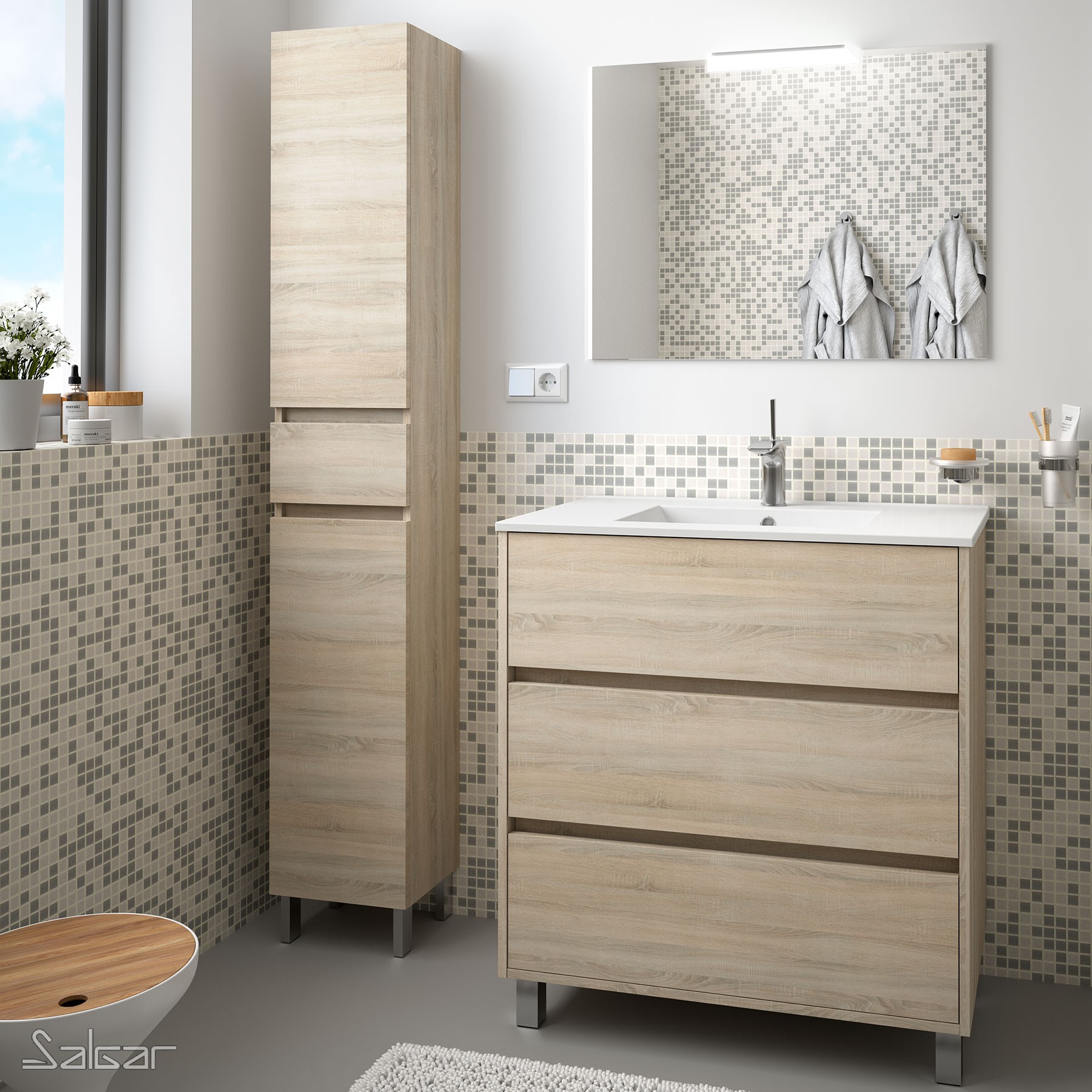 85112 SALGAR Комплект мебели для ванной ARENYS 800 OAK CALEDONIA + Раковина + Зеркало + Свет Дуб Каледония