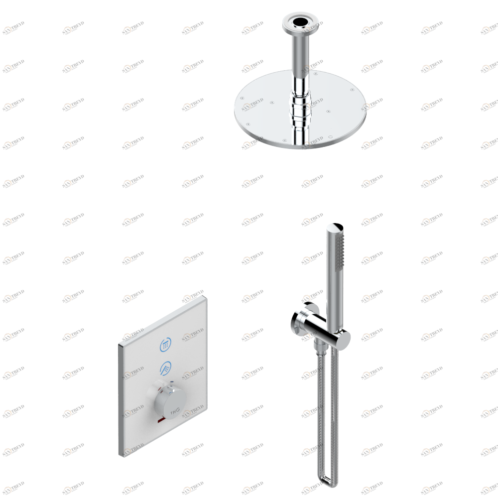 D14-6721B Комплект для душа Electrobox (включающий круглую лейку для душа Ø 200 мм с вертикальным держателем, ручной душ и смеситель с белой панелью, встраиваемый корпус и трансформатор) Thg-paris Electrobox Хром D14 6721B  A02 CAT.A