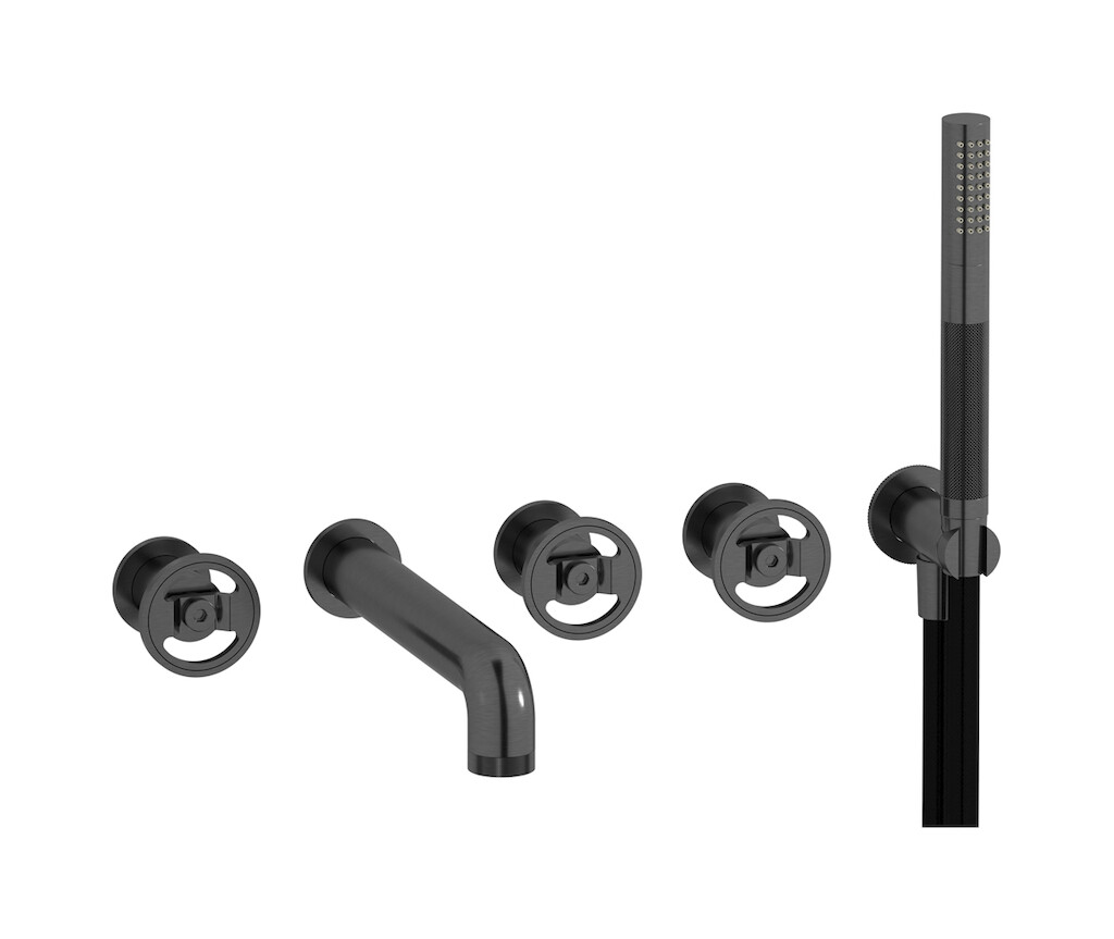 Настенный смеситель для ванной на 5 отверстий с дивертером и душевым гарнитуром. WE ARE IB b1398cs Brushed Black Chrome Bold