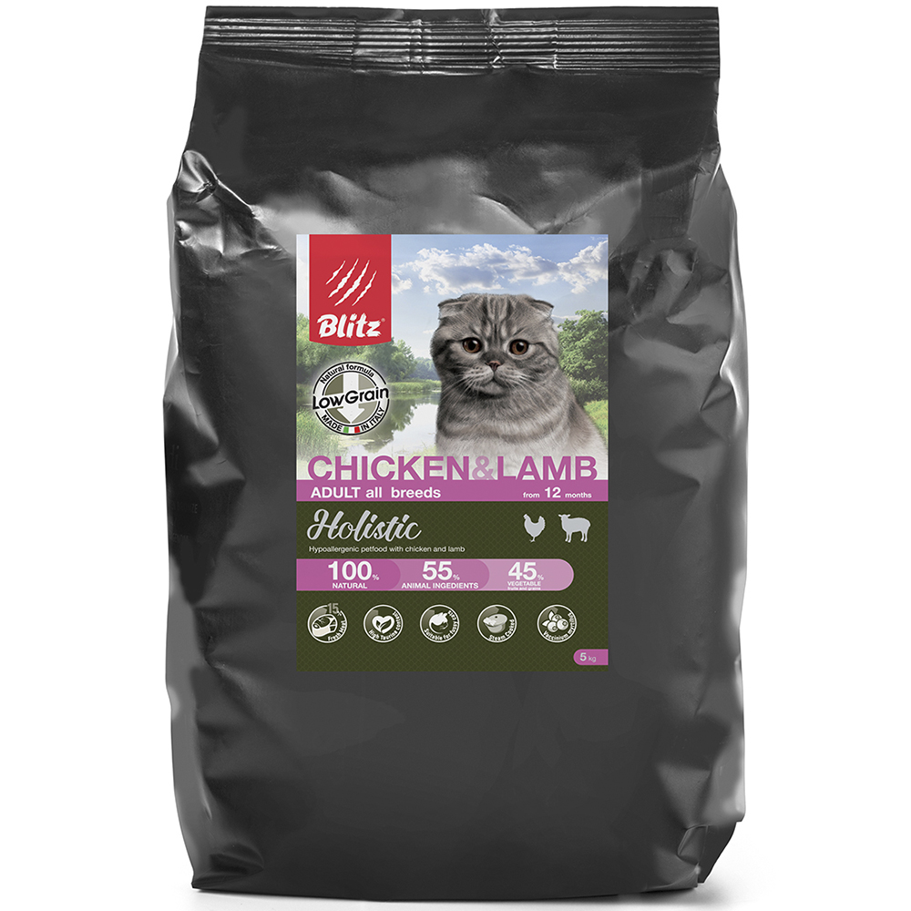 ПР0055605 Корм для кошек Holistic низкозерновой, курица, ягненок сух. 5кг Blitz 