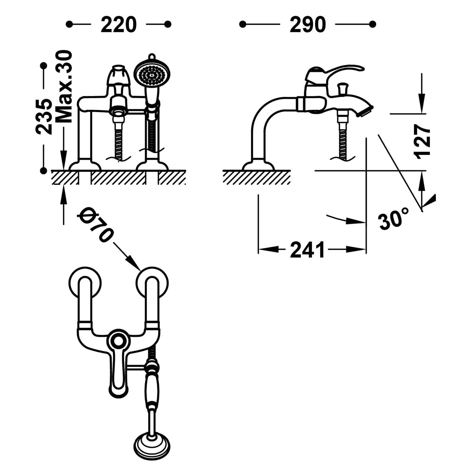 Смеситель для ванны TRES CLASIC с одной ручкой и коленными соединителями для подачи воды -24219401 TRES  - Вид №1