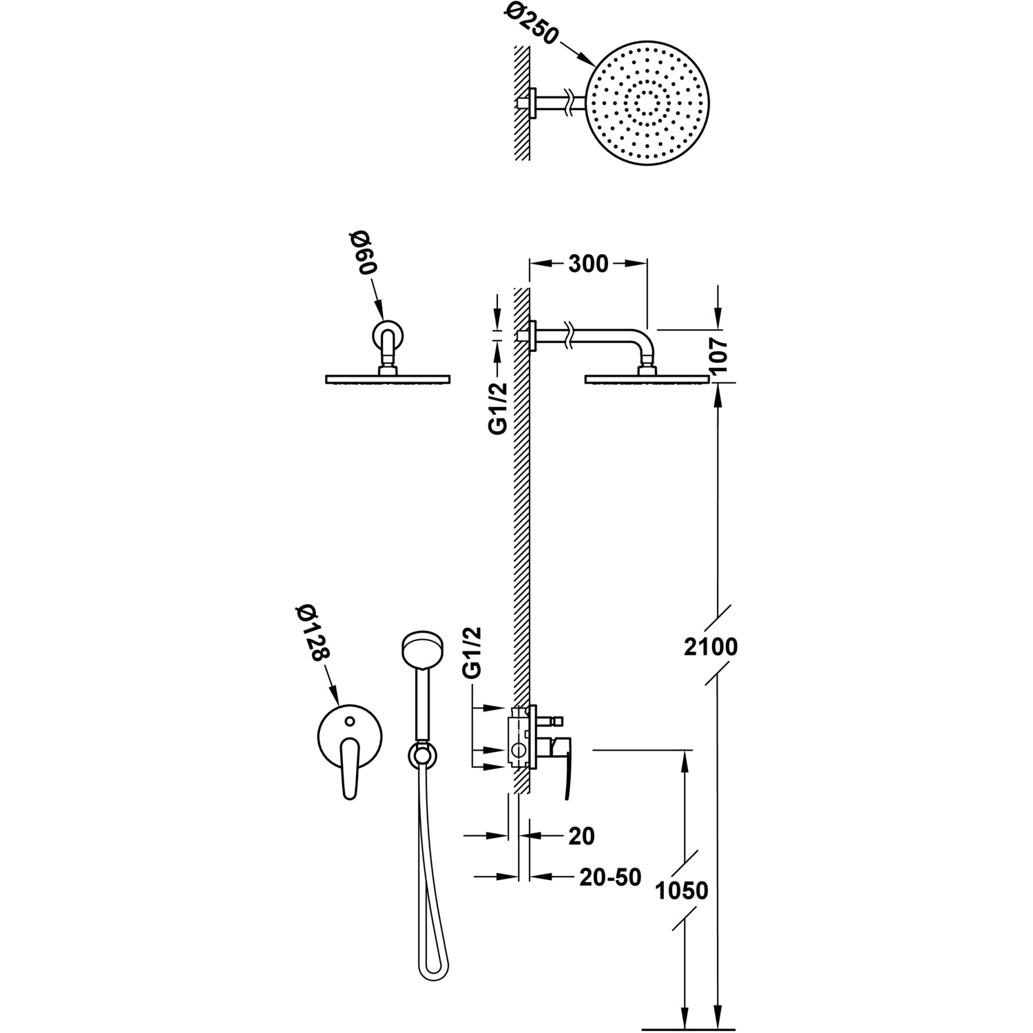 Комплект ПЛОСКОГО 2-ходового скрытого смесителя для душа с одной ручкой-20418002 TRES  - Вид №1