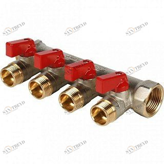 Коллектор с шаровыми кранами 3/4" STOUT 4 выхода 1/2", красные ручки SMB6200341204