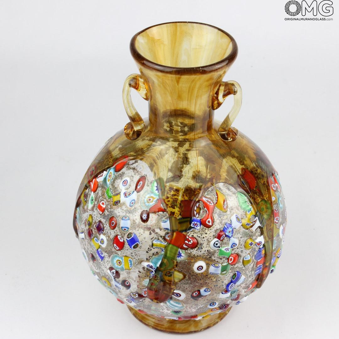 2167 ORIGINALMURANOGLASS Ваза-амфора янтарного цвета с мурринами миллефиори из муранского стекла  см  - Вид №1
