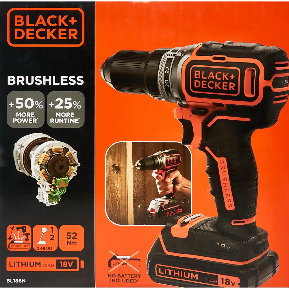 Дрель-шуруповерт аккумуляторная бесщеточная Black&Decker BL186N-XJ, 18 В без АКБ и ЗУ BLACK + DECKER STLM-2113075 - Вид №6