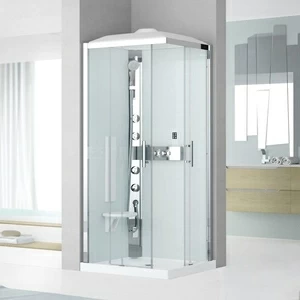 Душевая кабина 80x80 GLAX 3 A80 HYDROMASSAGE Novellini GLAX 3 с низким душевым поддоном, серебристым профилем и крышей с парогенератором