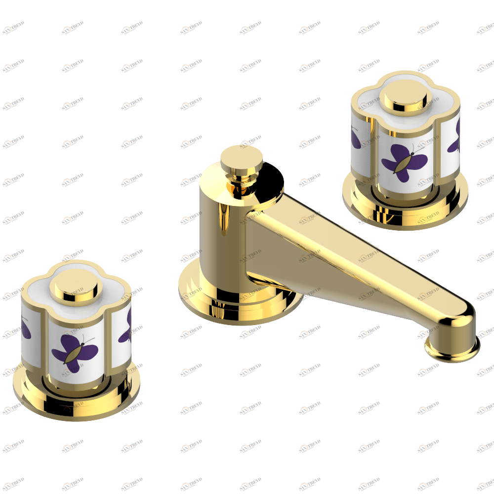 A7D-151 Смеситель для раковины на три отверстия устанавливаемый на борту с донным клапаном Thg-paris Capucine фиолетовый с золотым декором A7D 151 CAT.F