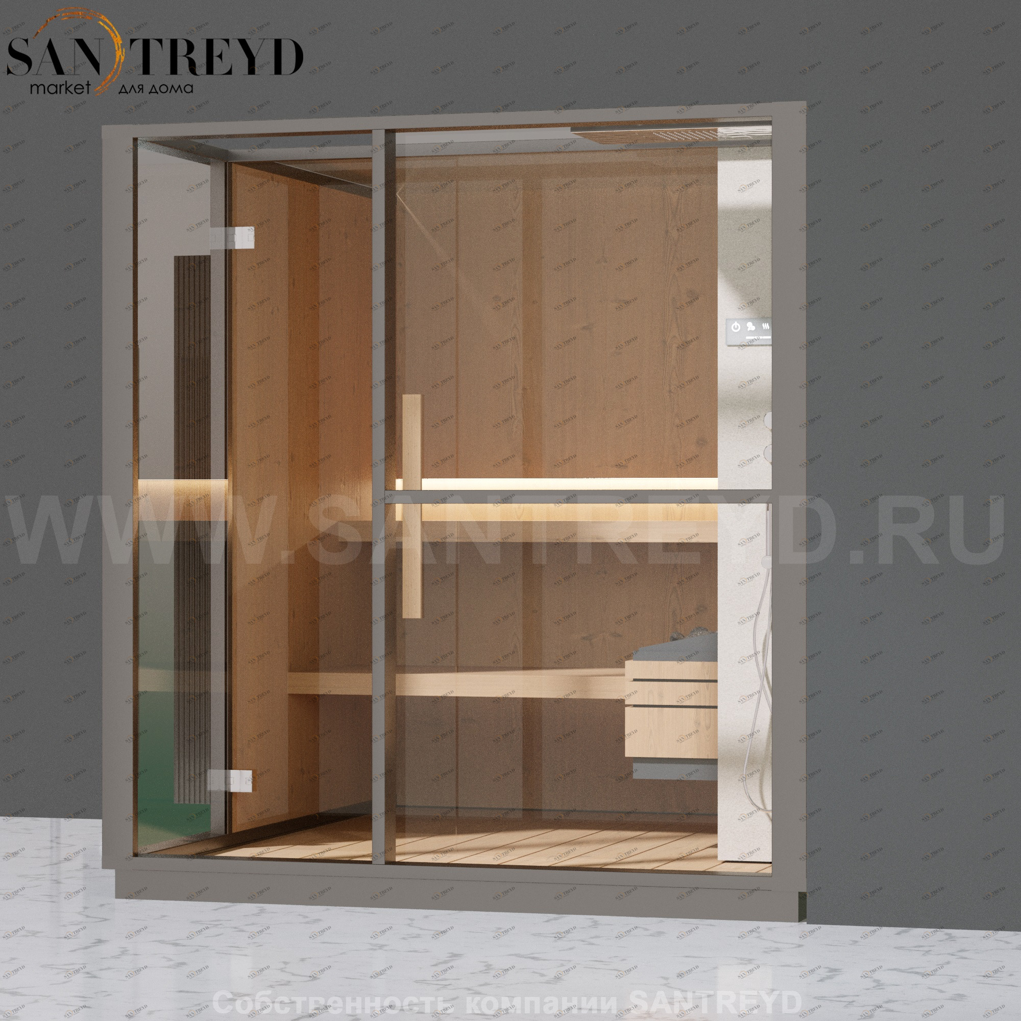 Effegibi LOGICA S LO20010007 Сауна. Установка: в правый угол. Правая дверь. Мощность: 6 кВт макс. Размеры: длина 214 см, ширина 250 см. Отделка: канадский хемлок, матовый лакированный серый аллюминий и бежевый ламинат из керамогранита.