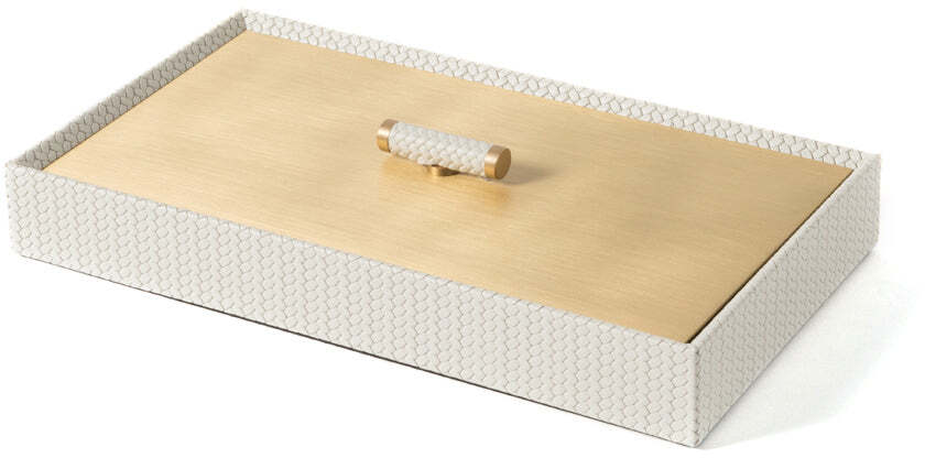 Коробка Iside - 27X15XH4,5 см / металлическая отделка_сатинированная латунь / плетеная кожа_кремовый