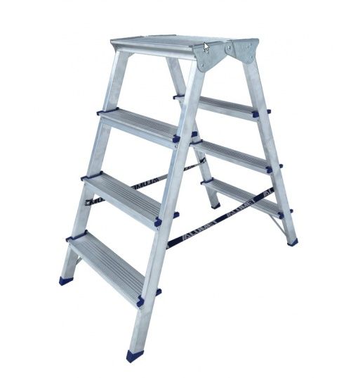 Двухсторонняя стремянка алюминиевая c широкой верхней ступенью 260 мм. 4сст ALUMET ADK6204