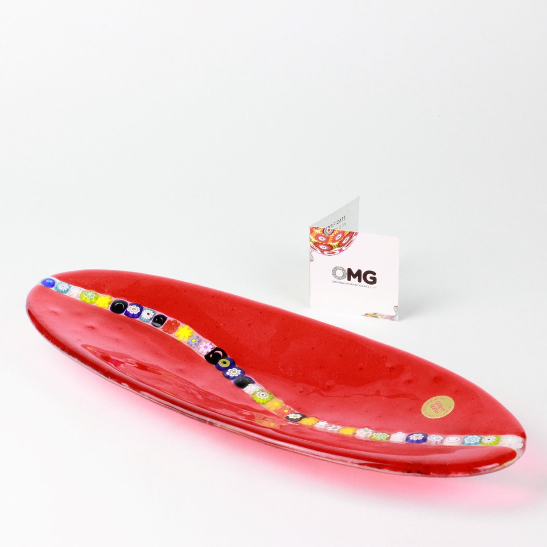 1622 ORIGINALMURANOGLASS Овальное блюдце Миллефиори - красное - муранское стекло 28 см  - Вид №1