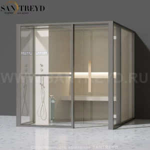 Effegibi LOGICAFILO H LO31010002 Хаммам. Установка: к стене. Левая дверь. Мощность: 4,5 кВт макс. Размеры: длина 214 см, ширина 250 см. Отделка: матовый лакированный серый аллюминий и бежевый ламинат из керамогранита.