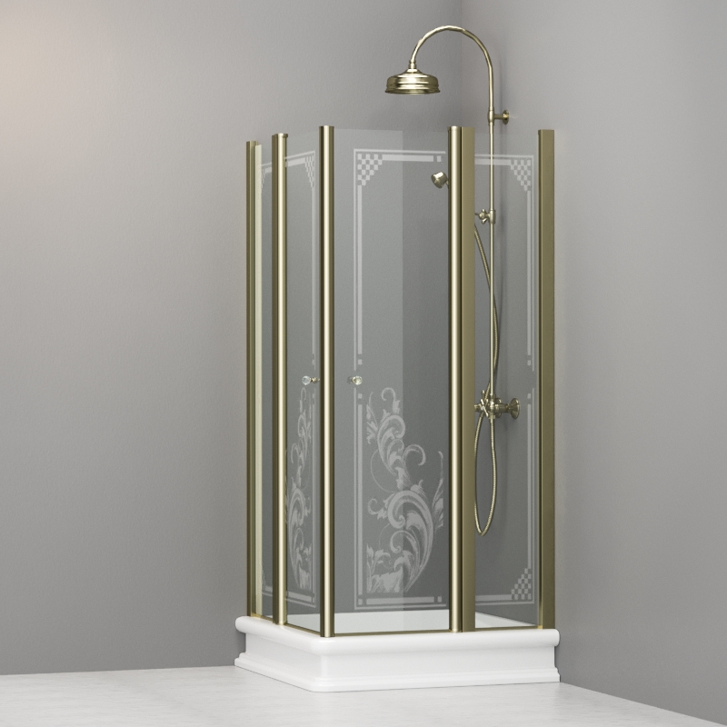 9145N1 Душевая кабинаDX/SX с двумя распашными дверьми и неподвижными элементами для душевого поддона квадрат 90x90, цвет Золотистый Kerasan RETRO Италия 