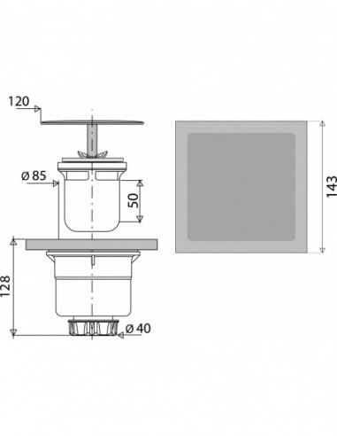 568882 000 00  Трап для душевой кабины 143 x 143 мм, выс. 128 мм, вертикальный выход Д. 40 мм, хромированный Valentin Хром  - Вид №2