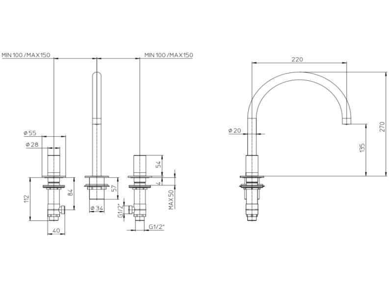 Смеситель для раковины из нержавеющей стали с 3 отверстиями Bossini NOBU-Inox AISI 316L ARCH-00099943 - Вид №2
