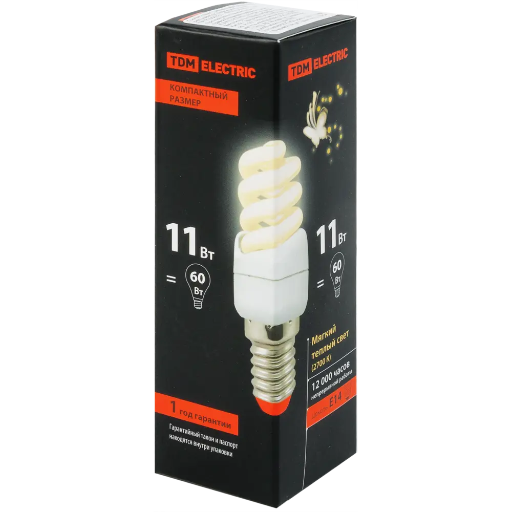 Лампа энергосберегающая E14 230 В 11 Вт спираль 3.3 м² свет тёплый белый TDM ELECTRIC STLM-2028274 - Вид №1