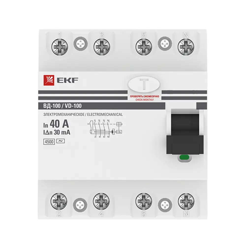 УЗО EKF ВД-100 4P 40 А 30 мА 4.5 кА АС elcb-4-40-30-em-pro 82423039 STLM-2128170  - Вид №1