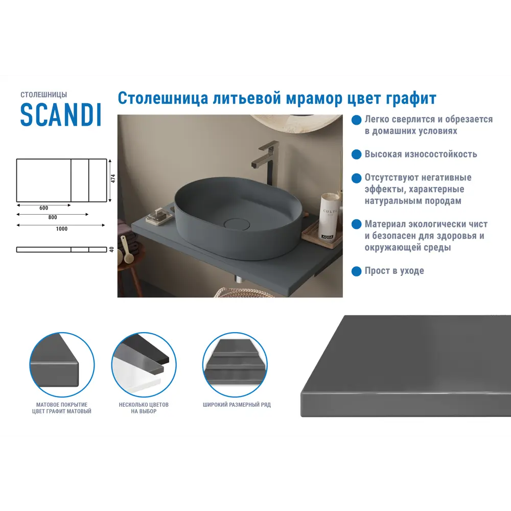 Столешница для ванной Scandi SC-60MS 60x4x47 см, искусственный камень, цвет матовый графит Santreyd STLM-2082379 - Вид №2