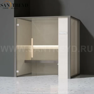 Effegibi ONEFILO H LO61010005 Хаммам. Установка: в левый угол. Правая дверь. Мощность: 4,5 кВт макс. Размеры: длина 214 см, ширина 171 см. Отделка: матовый лакированный серый аллюминий и бежевый ламинат из керамогранита.