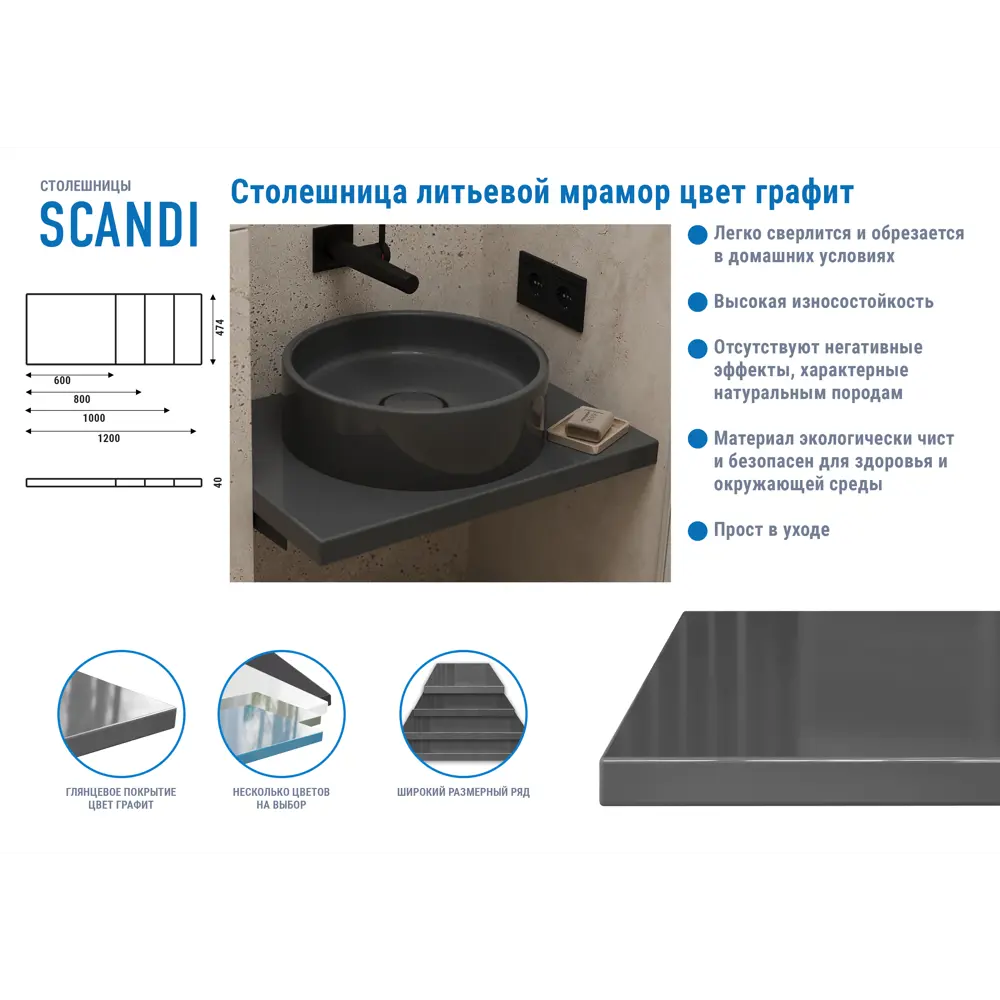 Столешница Santreyd Scandi для ванной из искусственного камня графит 89139414 STLM-0078943 - Вид №2