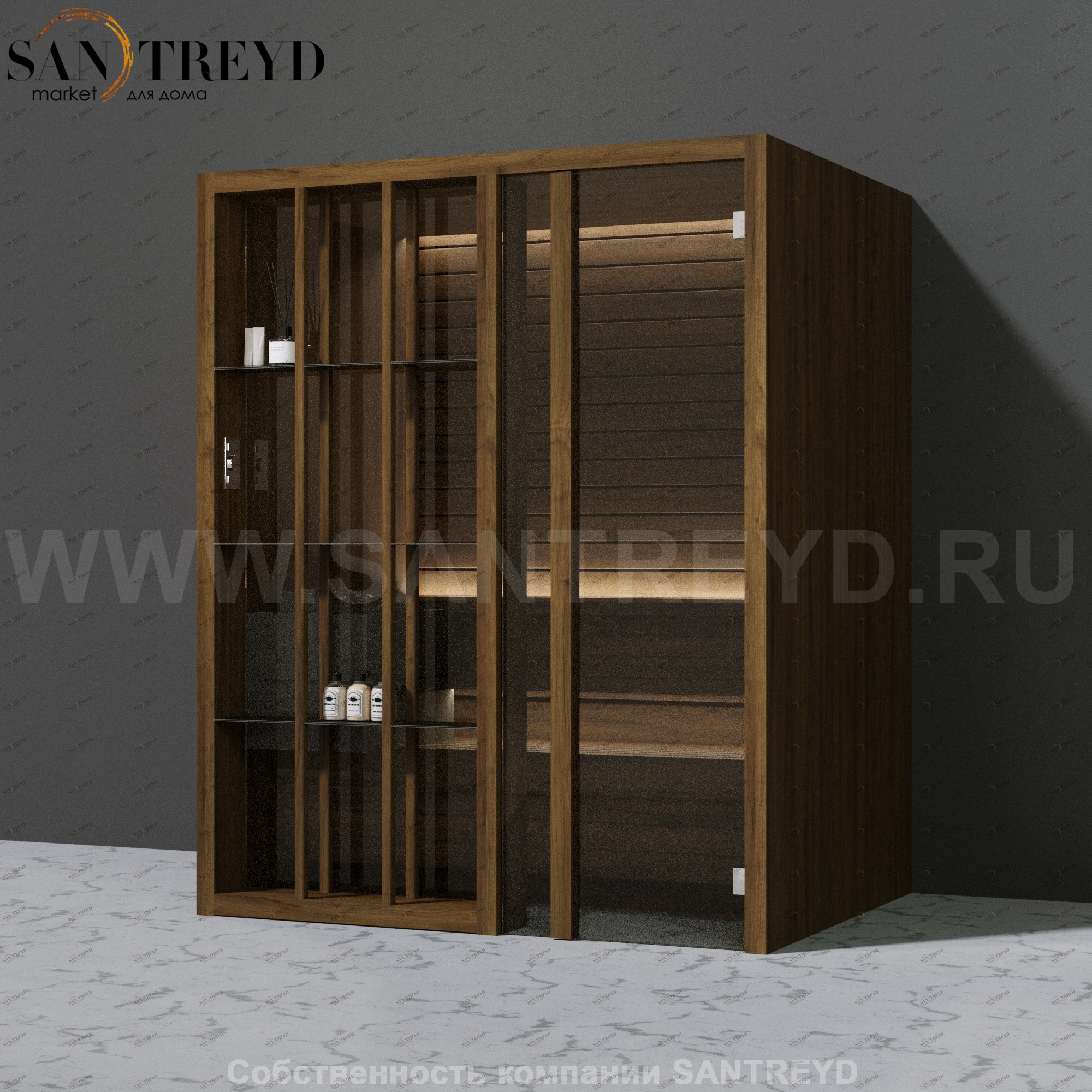 Effegibi YOKU.S45 SA.70100019 Сауна с правой дверью. Мощность: 4,5 кВт макс. Размеры: длина 174 см, ширина 132 см. Отделка: чёрный орех SA70100019