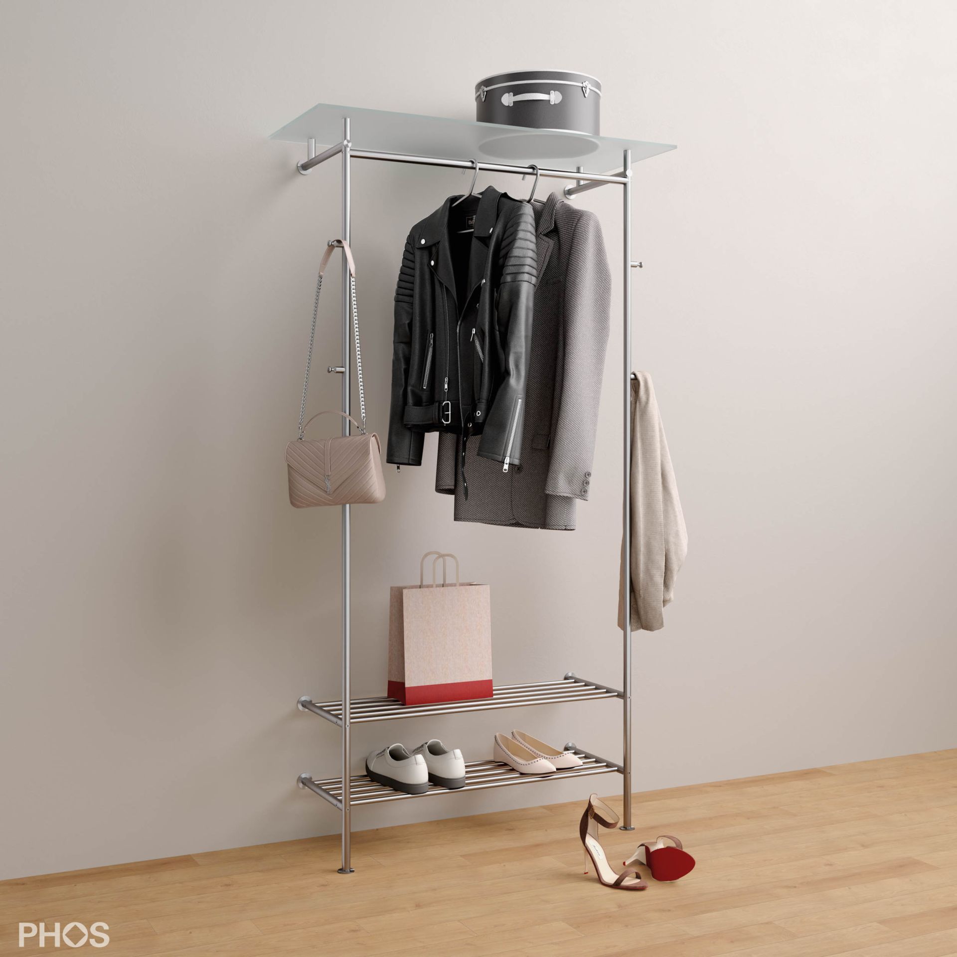 GL2G-SR600 Шкаф для прихожей со стеклянной полкой и двухуровневыми полками для обуви PHOS  - Вид №1