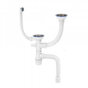 30987097 Сифон "Элит" () для 2-ой, разноуров. мойки с нер.чаш.?112 мм, отв. для ст/м., гофротр.L800 Raiber