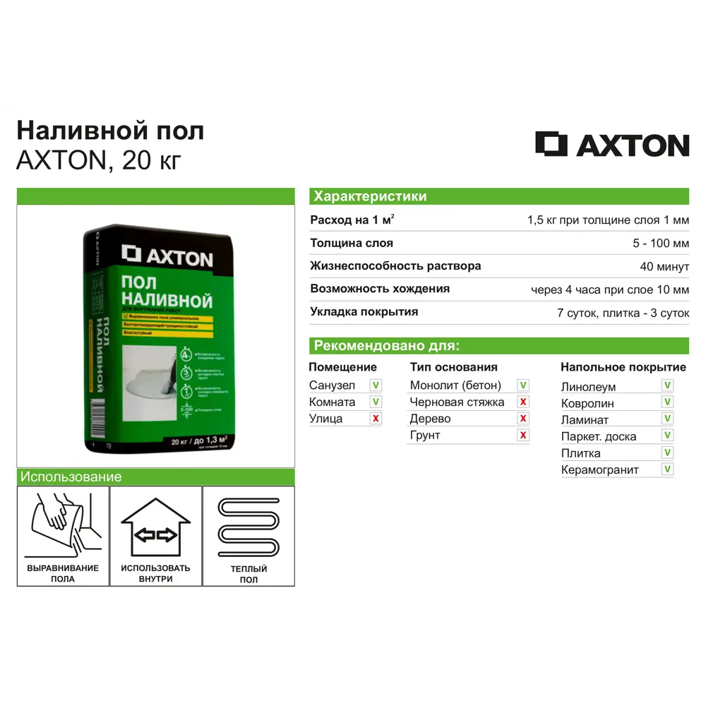 Самовыравнивающаяся смесь Axton для идеально ровных полов 20 кг 13857230 STLM-1018541 - Вид №2