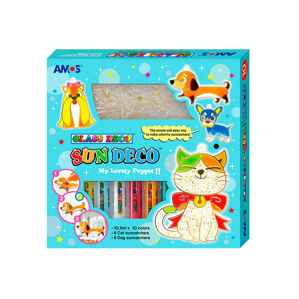 22937 Набор витражных красок с витражами "Собаки и кошки", 10 цветов по 10,5 мл., 12 мини-витражей 1/12 AMOS 