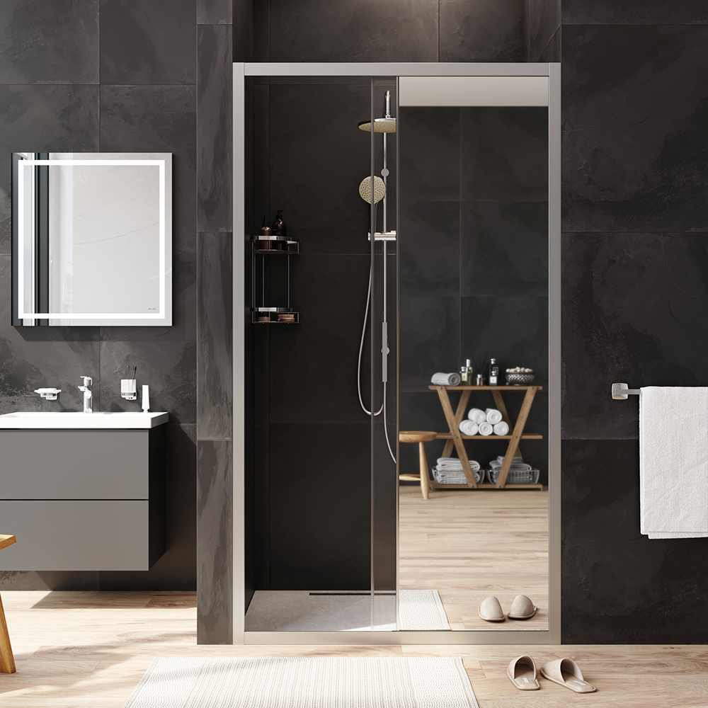 W90G-110-1-195MMir Solo Дверь душевая 110х195 стекло зеркальное профиль матовый хром AM.PM Gem - Вид №2