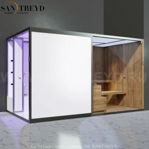 Effegibi BODYLOVE SH BL45250001 Боковая комбинированная баня: хаммам и сауна. Установка: в правый угол. Мощность: 15 кВт макс. Размеры: длина 393 см, ширина 176 см. Отделка: термообработанная древесина без отделки.