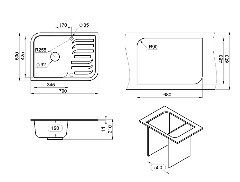 7001, БАЗАЛЬТ, кухонная мойка, кварц GRANULA 7001-ST118 - Вид №3
