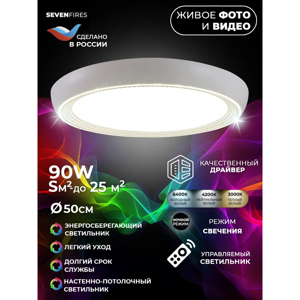 Светильник настенно-потолочный светодиодный влагозащищенный 48019.50.90.77CL 25 м² регулируемая яркость света цвет белый СЕМЬ ОГНЕЙ STLM-2095850 - Вид №11