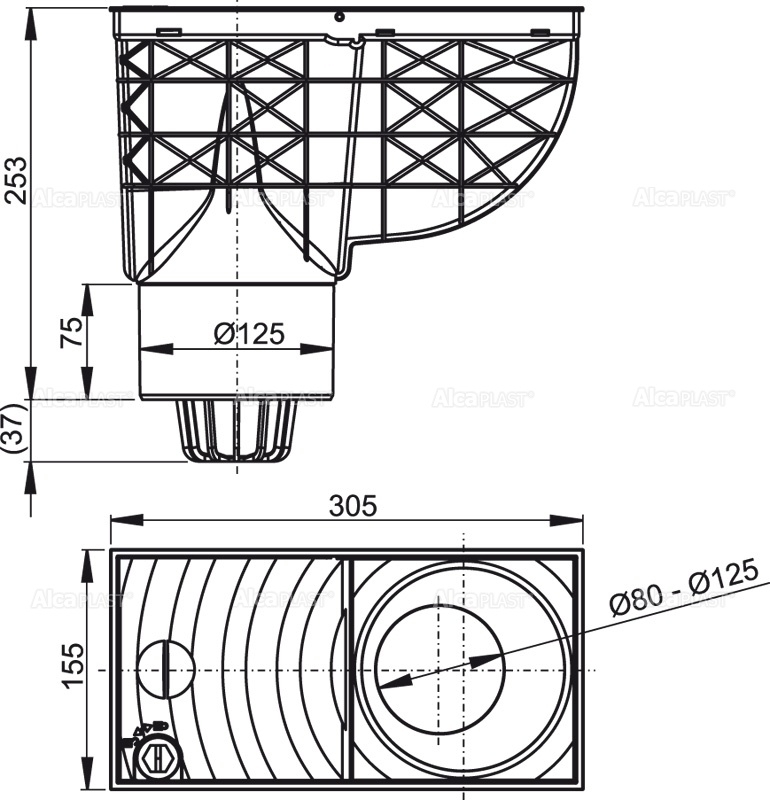 Ливнеотвод 300×155/125 мм, сток – прямой, черный ALCAPLAST AGV2 - Вид №1