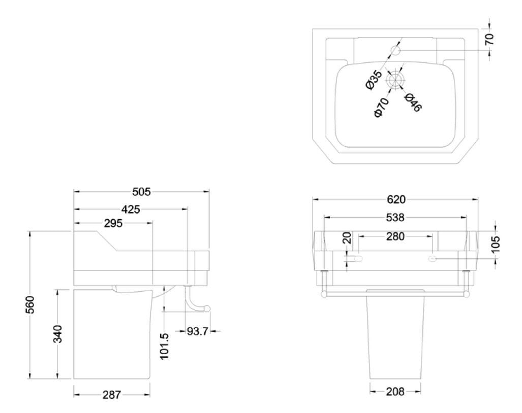 Прямоугольный умывальник из окна на полуколонне Burlington Эдвардианская ARCH-00138195 - Вид №4