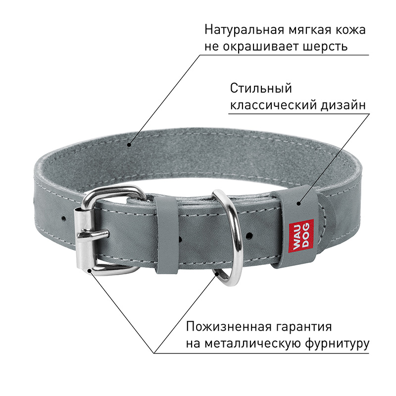 ПР0053718 Ошейник для собак Waudog Classic кожа, металлическая пряжка (шир. 12мм, дл. 21-29см) серый COLLAR  - Вид №2