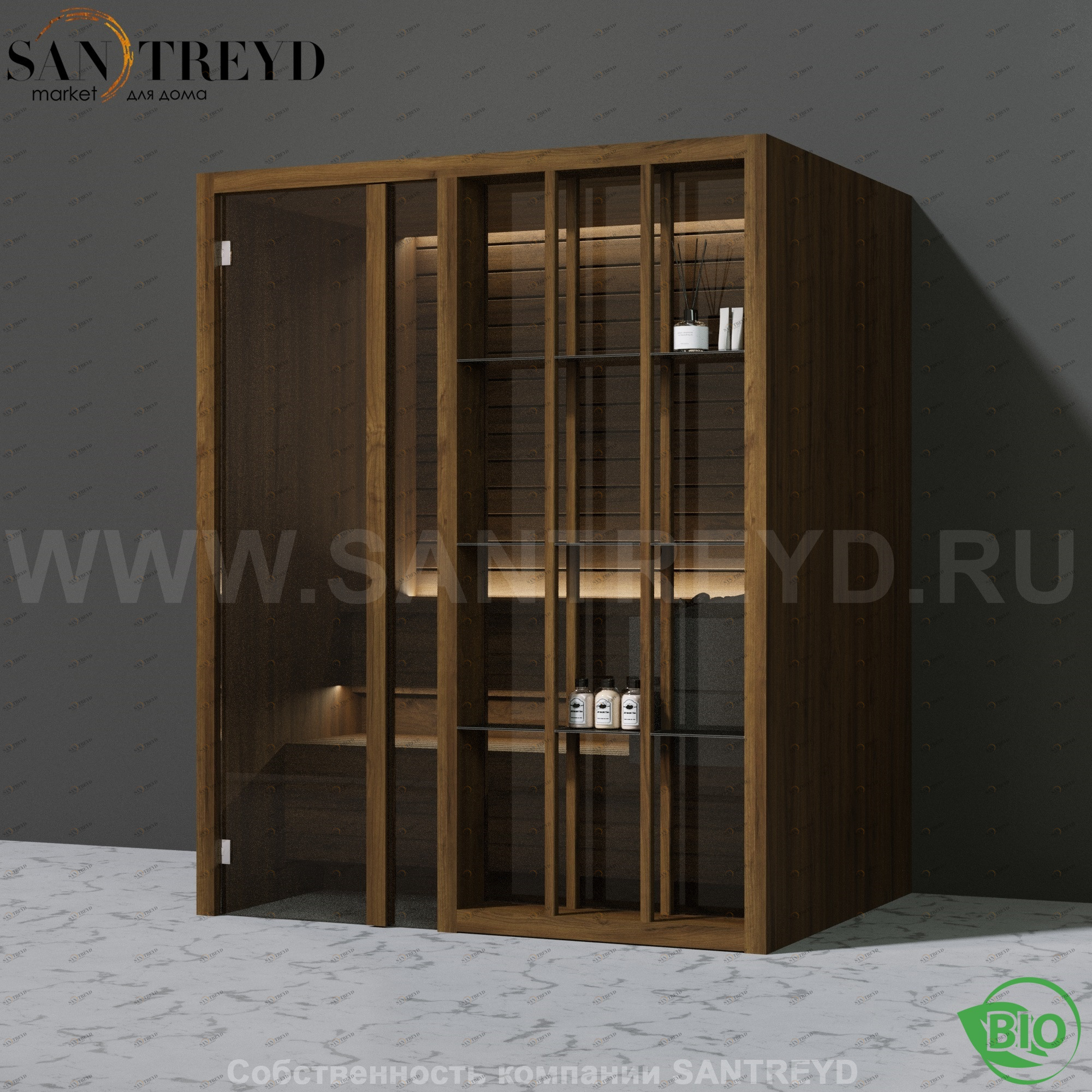 Effegibi YOKU.S45 BI.70100020 Био-сауна с левой дверью. Мощность: 4,5 кВт макс. Размеры: длина 174 см, ширина 132 см. Отделка: чёрный орех BI70100020