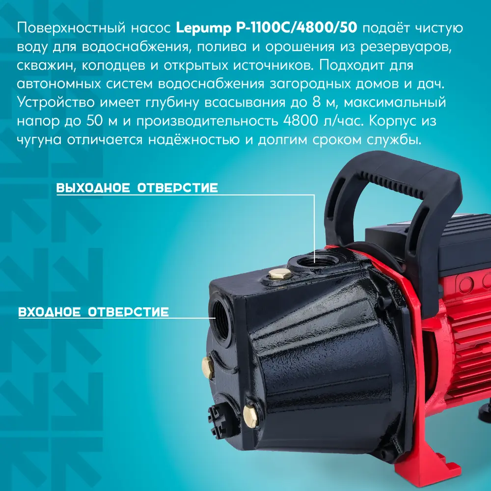Насос садовый поверхностный Lepump P-1100C/4800/50, 4800 л/ч Santreyd STLM-2030555 - Вид №12