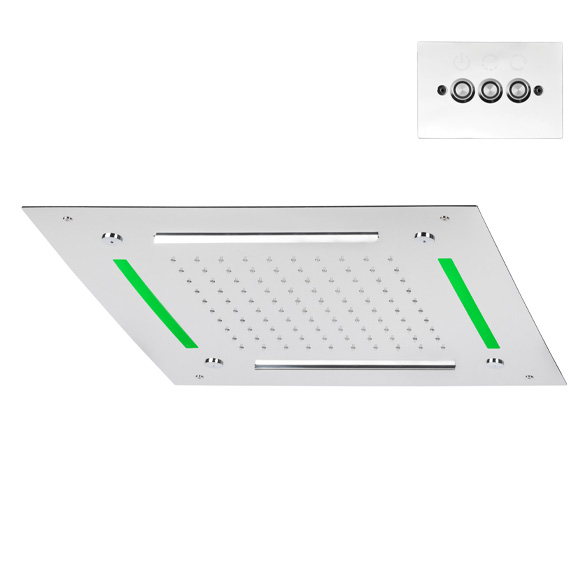 82070 Встраиваемая квадратная головка 500 × 500 / дождевая струя + струя тумана + 2 струи водопада + свет / управление в стену HORUS Range Hydro 