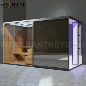 Effegibi BODYLOVE SH BL45240006 Боковая комбинированная баня: хаммам и сауна. Установка: в левый угол. Мощность: 15 кВт макс. Размеры: длина 393 см, ширина 176 см. Отделка: термообработанная древесина, трубчатое стекло и зеркало.