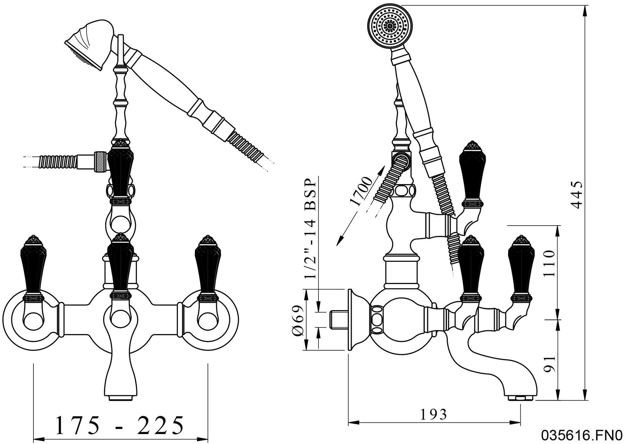 Bronces Mestre Настенный смеситель для ванны на 2 отверстия с ручным душем Retro 035616.fn0.50 - Вид №1